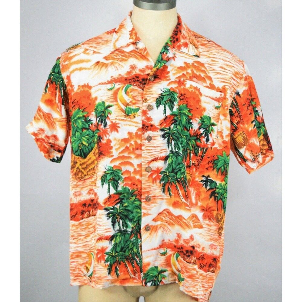 Roundy Bay Men's Size L Hawaiian Sunset Beach Button Front Shirt